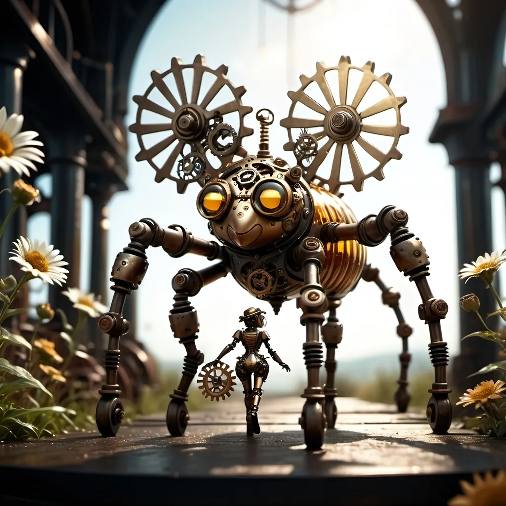 Prompt: (Metallic Steampunk Honey walking on a Cog flowers, all six legs visible), dark steampunk artstyle,  HD, 4K, crisp focus, atmospheric, intricate floral background with steampunk elements, metallic textures, gears and cogs intertwined with nature, soft sunlight filtering through, cinematic lighting, dramatic shadows, immersive and captivating scene.