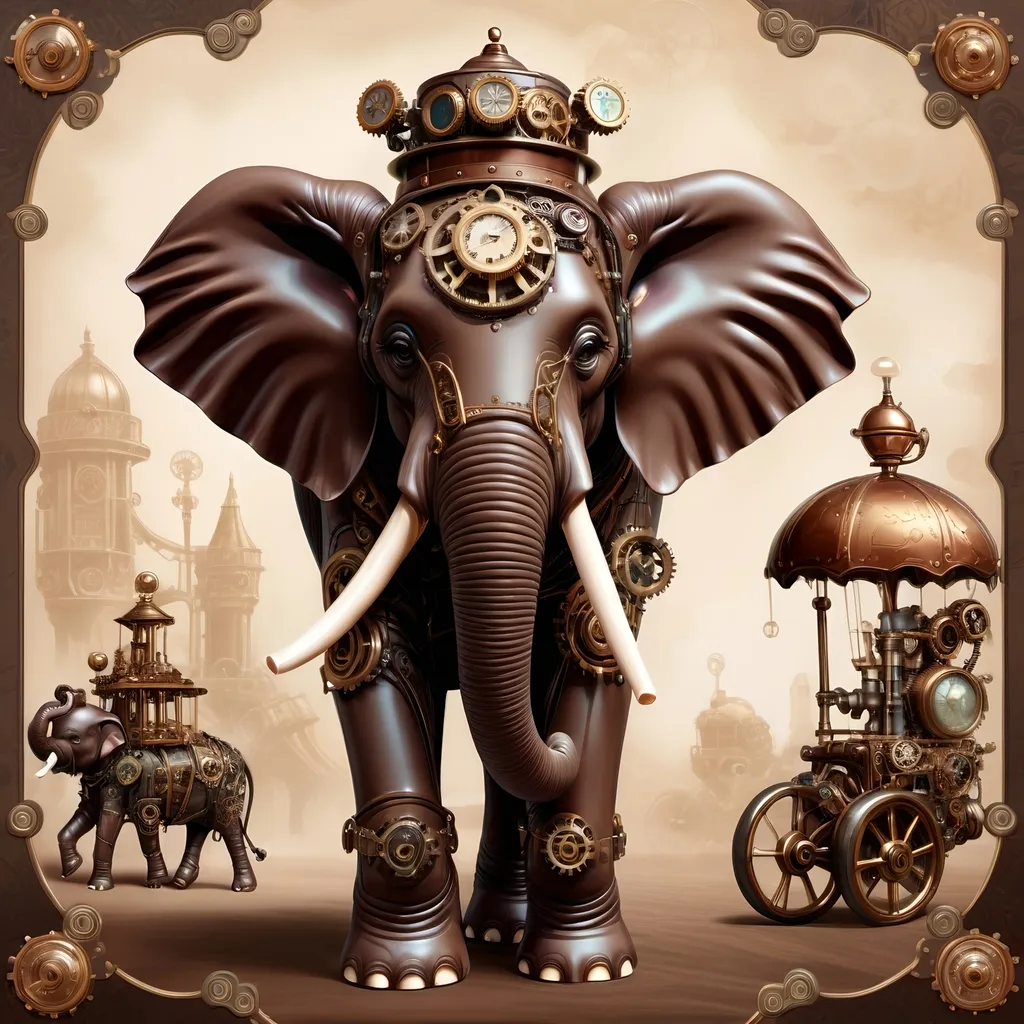 Prompt: Steampunk chocolate elephant with rider, (artstyle: steampunk), (color palette: dark colors), intricate mechanical designs, whimsical elements, vintage yet futuristic vibes, playful ambiance, detailed textures and patterns on the elephant's skin, subtle metallic features blending with creamy chocolate tones, dreamy and imaginative background to enhance the playful theme, (highly detailed), (4K resolution).