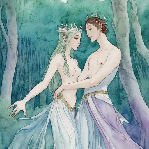 Prompt: (watercolor style), (elf queen), ithh male concubine, mystical atmosphere, delicate watercolors, ethereal beauty, enchanting forest backdrop, softly muted colors, serene expressions, flowing garments, intertwined poses, magical ambiance, dreamy light filtering through trees, high quality, ultra-detailed, elegant and whimsical scene.