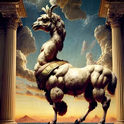 Prompt: (anthropomorphic llama, extremely godlike muscled, heroic pose, full body shot), (Renaissance art style), warm color palette, rich textures, detailed anatomy, dramatic lighting, heroic atmosphere, uplifting mood, intricate background featuring classical architecture, soft brush strokes, vivid depictions of strength and valor, highly detailed, 4K quality, evocative and timeless composition