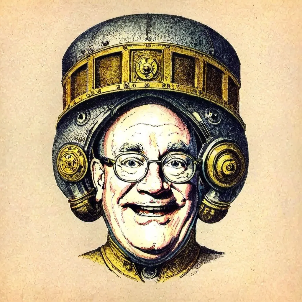 Prompt: (Humorous portrait), steampunk style, caricature drawing, pencil color  scheme, detailed facial features, expressive eyes, exaggerated pleasant smile, vintage military attire, quirky accessories, Iron gears and machinery in the background, cozy ambiance, ultra-detailed, engaging composition that blends humor and artistry, creating a captivating visual narrative.