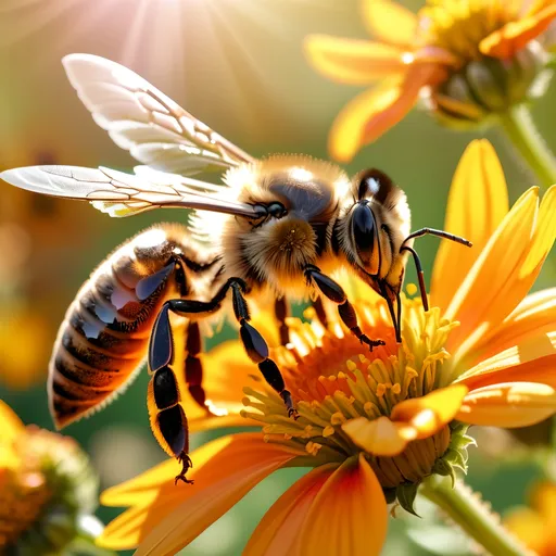 Prompt: Close up (Honey bee sipping nectar on a flower, all six legs visible), intricate wing details, nature, summer vibes, warm color scheme, photorealism, crisp focus, ultra-detailed, high-definition, 4K, vibrant colors, sunlight filtering through, blooming flowers in the background, tranquil atmosphere, vivid yellow, orange, and green tones, cinematic depth, breathtaking natural beauty.