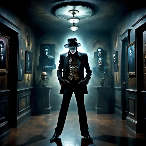 Prompt: (surrealism style image), (dark color scheme), a hauntingly dramatic scene inspired by Michael Jackson's Thriller, featuring an eerie ambiance with surreal elements, dynamic poses, featuring clearly visible portrait of Vincent Price on the back wall, moody lighting, high detail, captivating atmosphere, (HD), a blend of the mystical and the macabre.