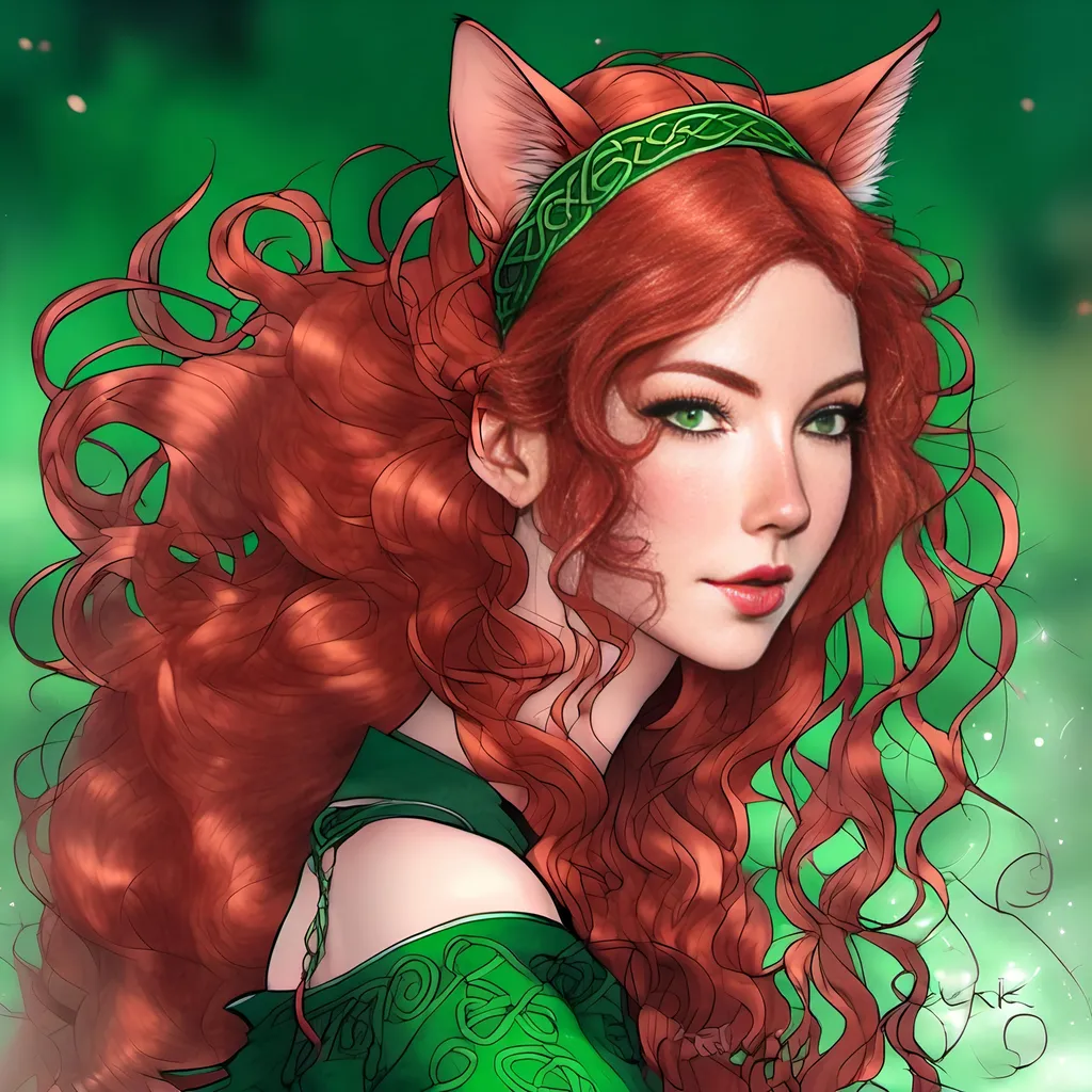 Prompt: Japanese ink illustration of a Celtic woman with cat ears and tail, long red curly hair, detailed green eyes, detailed skin texture, full body view, delicate, diffused lighting, beautiful, artistic, detailed, fantasy style Celtic background, long hair, detailed eyes, full-body, elegant, ethereal, soft lighting