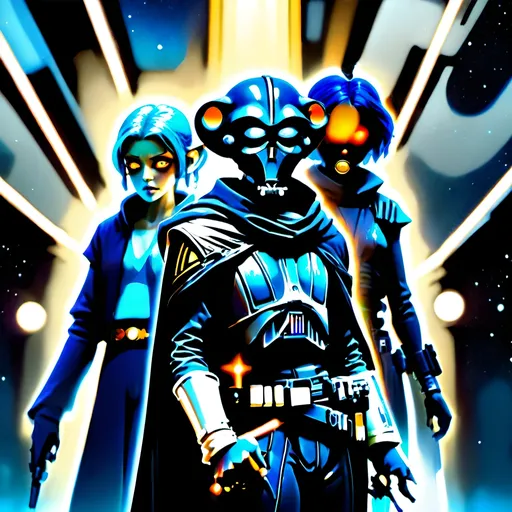 Prompt: anime style, (dark color scheme), outlaw characters from Star Wars, unique poses, rebellious vibes, high-contrast shadows, moody atmosphere, intricate details in character design, dynamic expressions, depth in lighting, (vibrant highlights), ultra-detailed artwork, dramatic ambiance, sci-fi elements, thematic background reflecting a galactic setting.