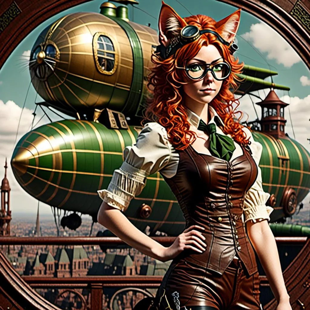 Prompt: <mymodel>Full body view of Rugged Man with human face with goggles and cat ears, Dirigible Advertisement, matching cat ears to hair color, extremely detailed, intricate clothing, high quality, intricate, historical, detailed hair, detailed Blimp in background, artstyle-steampunk, detailed eyes, atmospheric lighting, vintage