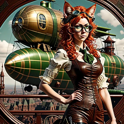 Prompt: <mymodel>Full body view of Rugged Man with human face with goggles and cat ears, Dirigible Advertisement, matching cat ears to hair color, extremely detailed, intricate clothing, high quality, intricate, historical, detailed hair, detailed Blimp in background, artstyle-steampunk, detailed eyes, atmospheric lighting, vintage