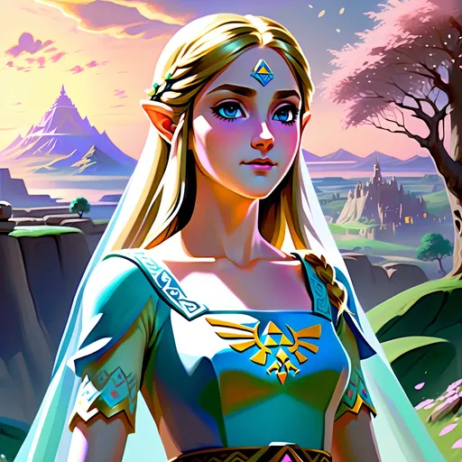 Prompt: (realism style), (pastel color scheme), scenic portrayal of the enigmatic, adventurous Zelda, intricate details in her elegant dress, soft hues illuminating her expression, dreamy background featuring enchanting landscapes, gentle lighting casting a calming atmosphere, 4K, ultra-detailed resurgence of a beloved character, capturing her spirit and timeless allure.