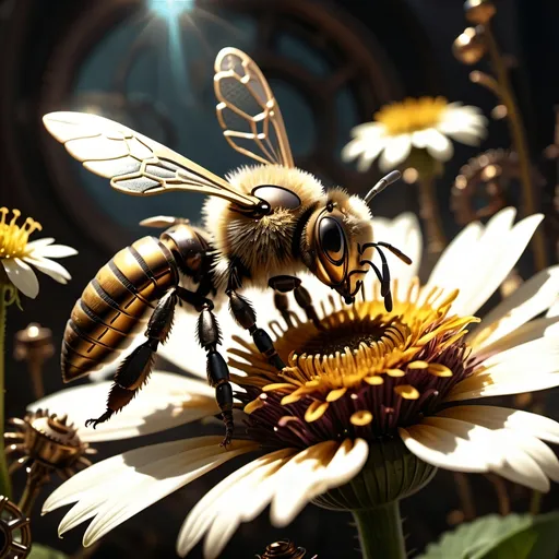 Prompt: (Steampunk Honey bee sipping nectar on a flower, all six legs visible), dark steampunk artstyle,  HD, 4K, crisp focus, atmospheric, intricate floral background with steampunk elements, metallic textures, gears and cogs intertwined with nature, soft sunlight filtering through, cinematic lighting, dramatic shadows, immersive and captivating scene.