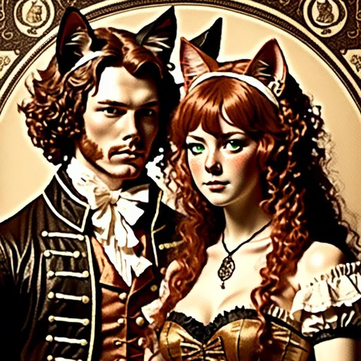 Prompt: <mymodel>couple with cat ears in vintage lithograph style, 1700's advertisement tools, matching cat ears to hair color, extremely detailed, vintage lithograph, sepia tones, detailed hair, intricate clothing, antique paper texture, high quality, vintage, detailed cat ears, historical, sepia lighting