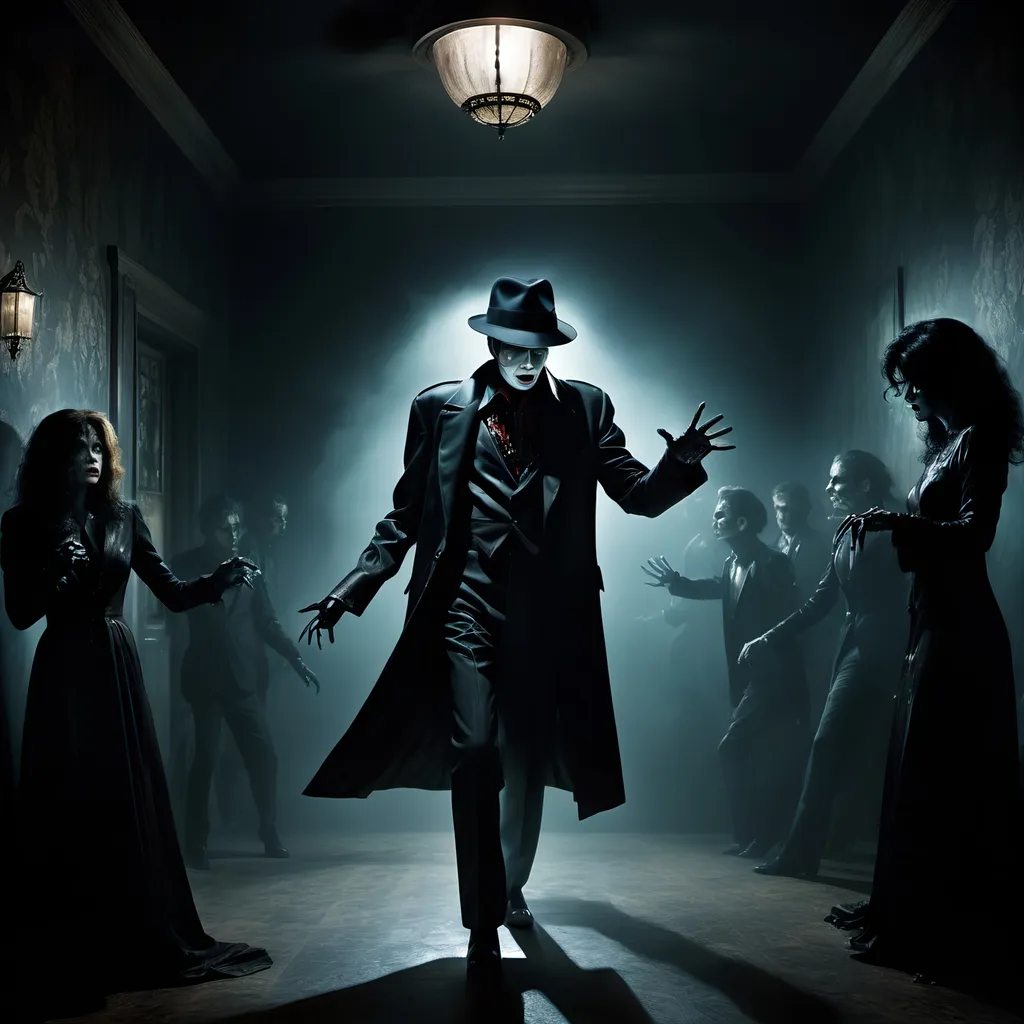 Prompt: (surrealism style image), (dark color scheme), a hauntingly dramatic scene inspired by Michael Jackson's Thriller, featuring an eerie ambiance with surreal elements, dynamic poses, and shadowy figures, featuring clearly visible Vincent Price, moody lighting, high detail, captivating atmosphere, (HD), a blend of the mystical and the macabre.