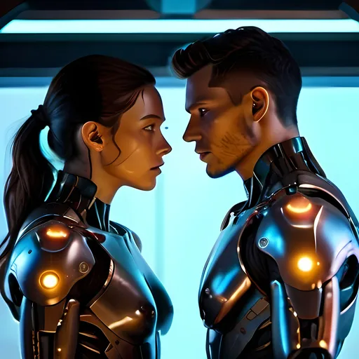 Prompt: photorealistic, (futuristic-sci-fi style), (cool color scheme), anatomically correct androids in love,  (highly detailed), intense action, subdued lighting, immersive sci-fi ambiance, dramatic shadows, intricate mechanical features, metallic textures, highly defined characters in combat, cinematic composition, 4K quality, fast-paced tension.