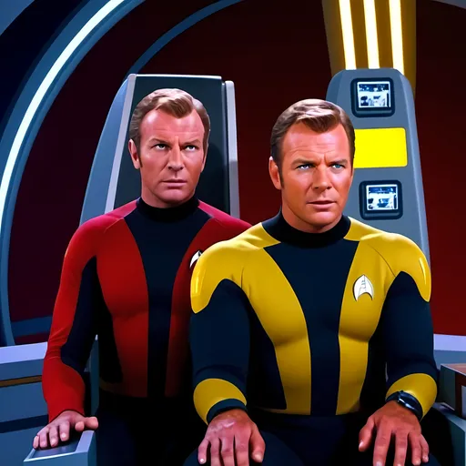 Prompt: (futuristic sci-fi scene), left Kirk in striking Red and black attire, detailed facial features, center Kirk in vibrant yellow and black uniform, sitting in captains chair confidently, (high-tech Bridge of the Enterprise) with glowing controls, luminous screens, atmospheric lighting, sleek design, dynamic expressions, (ultra-detailed) background, emotion of adventure, (vibrant color scheme), visually immersive and fantastical elements, high energy ambiance.