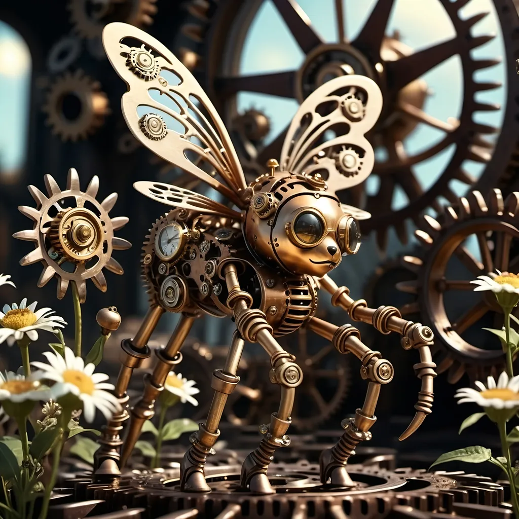 Prompt: (Metallic Steampunk Honey walking on a Cog flowers, all six legs visible), dark steampunk artstyle,  HD, 4K, crisp focus, atmospheric, intricate floral background with steampunk elements, metallic textures, gears and cogs intertwined with nature, soft sunlight filtering through, cinematic lighting, dramatic shadows, immersive and captivating scene.