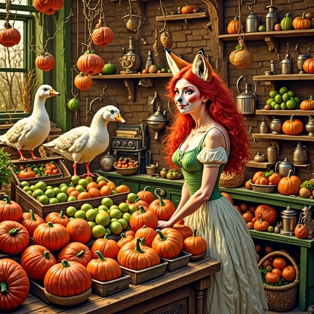 Prompt: (fantasy style), (baroque style), woman shopping at a lavish store, surrounded by colorful Thanksgiving food, delicate pastel color scheme, intricate details, ornate decorations, whimsical ambiance, cozy atmosphere, soft lighting, high-quality and ultra-detailed, fantasy-inspired display of goose and seasonal produce, warm and inviting scene capturing the spirit of Thanksgiving.