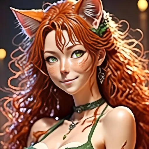 Prompt: <mymodel> Anime-style image of an older cat-eared woman), back facing camera (red hair), (detailed eyes), (alluring pose), looking back  laughing, (bright lighting), warm color scheme, (high resolution), (sensual), (detailed hair), fantasy elements, mesmerizing, captivating atmosphere, ultra-detailed, whimsical background, enchanting ambiance.