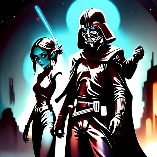 Prompt: anime style, (dark color scheme), outlaw characters from Star Wars, unique poses, rebellious vibes, high-contrast shadows, moody atmosphere, intricate details in character design, dynamic expressions, depth in lighting, (vibrant highlights), ultra-detailed artwork, dramatic ambiance, sci-fi elements, thematic background reflecting a galactic setting.