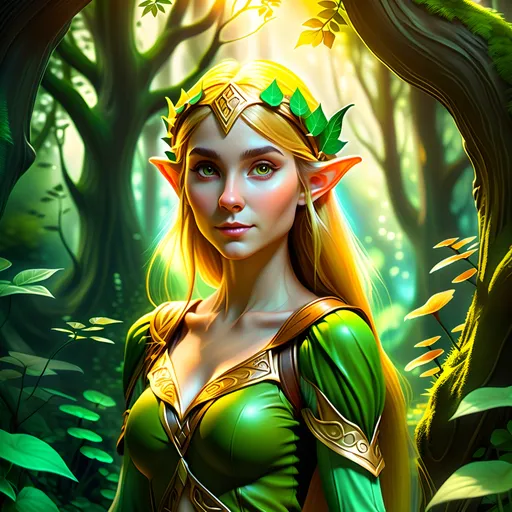 Prompt: (photorealistic style),Elf woman in lush Hyrule, vibrant warm colors, enchanting atmosphere, sunlight filtering through dense foliage, soft glowing mushrooms, serene winding path, magical fauna, mystical creatures peeking from behind trees, deep green foliage with golden highlights, ultra-detailed, immersive landscape, tranquil ambiance, adventurous spirit, ideal for storytelling backgrounds.