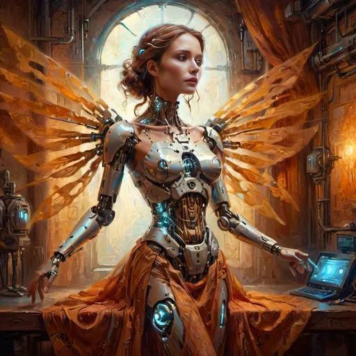 Prompt: (Robotic Cybernetic Woman), fantasy style, ethereal gossamer dress, (dramatic lighting), warm color scheme, (radiant light) illuminating silhouette, soft glow effect, enchanting ambiance, intricate mechanical details, serene expression, flowing fabric textures, surreal background, high depth, 4K quality, captivating atmosphere, cinematic and otherworldly vibes.