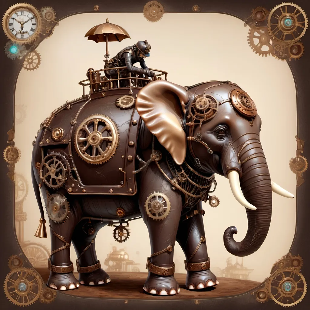 Prompt: Steampunk chocolate elephant with rider, (artstyle: steampunk), (color palette: dark colors), intricate mechanical designs, whimsical elements, vintage yet futuristic vibes, playful ambiance, detailed textures and patterns on the elephant's skin, subtle metallic features blending with creamy chocolate tones, dreamy and imaginative background to enhance the playful theme, (highly detailed), (4K resolution).