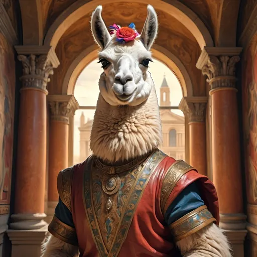 Prompt: (anthropomorphic llama, hugely muscled, heroic pose), (Renaissance art style), warm color palette, rich textures, detailed anatomy, dramatic lighting, heroic atmosphere, uplifting mood, intricate background featuring classical architecture, soft brush strokes, vivid depictions of strength and valor, highly detailed, 4K quality, evocative and timeless composition