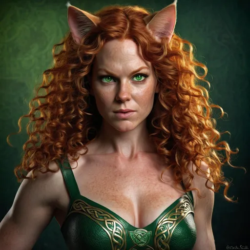 Prompt: Realistic, 40 year old full figured Celtic woman women with cat ears and tail, full long red curly hair, various poses, intense gaze, detailed anatomy, detailed green eyes, realistic skin texture, very low light, detailed hair, professional, highres, detailed, intense, green eyes, cat ears, cat tail, 40 year old full figured Celtic woman, realistic, detailed anatomy, various poses, panting, skin texture, low light, Pen and ink Drawing, professional, realism, detailed hair