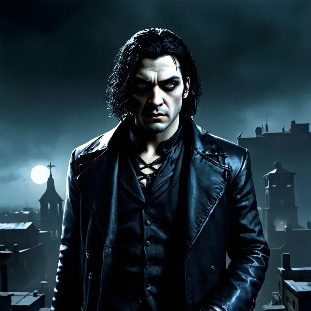 Prompt: (misc-macabre style), dark color scheme, (The Crow) movie character, haunting atmosphere, somber lighting, intricate details, dramatic shadows, urban background, mysterious mood, deep blues, stark blacks, intense contrasts, surreal elements, gothic aesthetics, ultra-detailed, cinematic quality, evoking feelings of melancholy and intrigue.