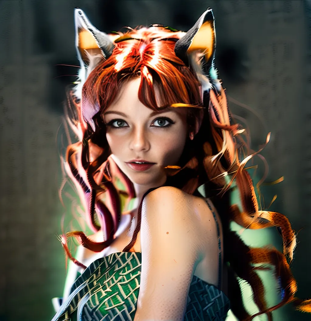 Prompt: Japanese illustration of a Celtic woman with cat ears and tail, long red curly hair, detailed green eyes,  delicate, beautiful, artistic, diffused lighting, detailed