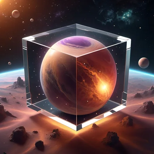 Prompt: photorealistic style, (a clear cube-shaped planet factory) in space, warm color scheme, dreamlike atmosphere, ethereal lighting, imaginative designs, cosmic background with stars and nebulae, fluid shapes, whimsical architecture, intriguing structures floating, captivating visuals, high detail, 4K resolution, ultra-detailed features that inspire wonder and curiosity.