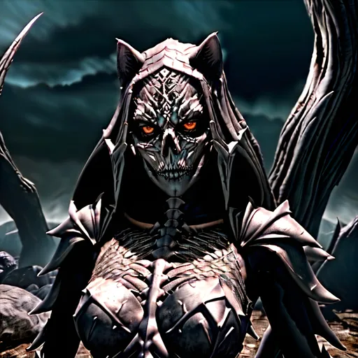 Prompt: skeletal bone Queen, dark color scheme, (fantasy RPG style), mysterious atmosphere, eerie background, intricate detailed armor, feline features woven into the design, dynamic pose, shadows and highlights emphasizing depth, high-adrenaline scene, (4K), ultra-detailed, magical aura surrounding the character, enchanting yet ominous vignette, dramatic composition.