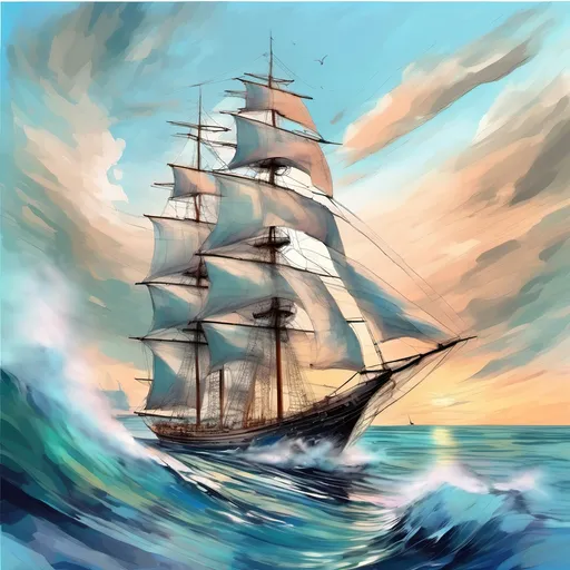 Prompt: oil painting, natural color scheme, (three masted sailing ship body made out of glass), (traveling swiftly) on a (realistic ocean), (sails full of wind), (dolphins breaching) in front of the bow, serene atmosphere, nature-inspired, fluid and dynamic scene, delicate brush strokes, soft light filtering through, emphasizing tranquility and adventure, ultra-detailed, high-definition.