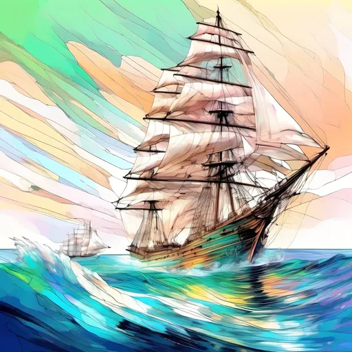 Prompt: oil painting, natural color scheme, (three masted sailing ship body made out of glass), (traveling swiftly) on a (realistic ocean), (sails full of wind), (dolphins breaching) in front of the bow, serene atmosphere, nature-inspired, fluid and dynamic scene, delicate brush strokes, soft light filtering through, emphasizing tranquility and adventure, ultra-detailed, high-definition.