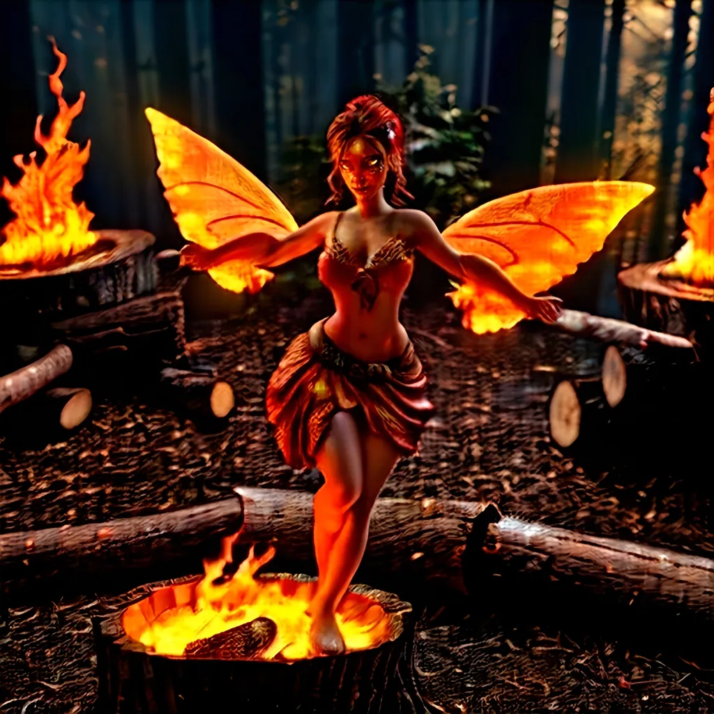 Prompt: (open hearth), (a fire fairy dancing atop the logs), fantasy style, warm color scheme, glowing embers illuminating the surroundings, ethereal ambiance, flickering shadows, intricate flames creating fluid motion, high detail, 4K, cinematic atmosphere, soft light casting a magical glow, enchanting and captivating scene.