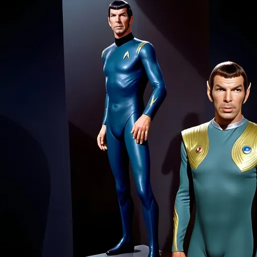 Prompt: (futuristic-sci-fi style), Spock with goatee), cool color scheme, vibrant blues and metallic silvers, high-tech backgrounds with glowing circuits, dramatic and cinematic lighting, highlighting their expressions, intricate details on outfits, ultra-detailed character design, atmospheric mood evoking exploration and adventure, striking visuals reminiscent of classic sci-fi themes.