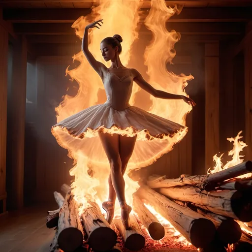 Prompt: (inside a hearth), (logs aflame), (ballerina made of flame dancing atop the logs), fantasy style, warm color scheme, glowing embers illuminating the surroundings, ethereal ambiance, flickering shadows, intricate flames creating fluid motion, high detail, 4K, cinematic atmosphere, soft light casting a magical glow, enchanting and captivating scene.