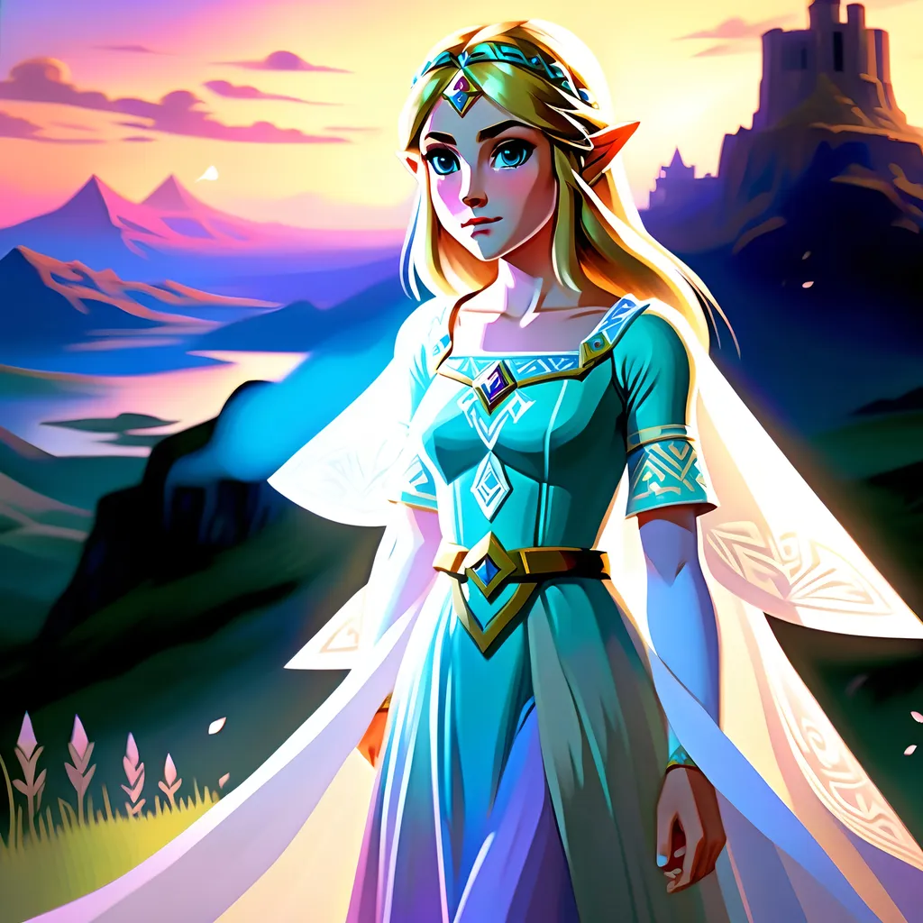 Prompt: (realism style), (pastel color scheme), scenic portrayal of the enigmatic, adventurous Zelda, intricate details in her elegant dress, soft hues illuminating her expression, dreamy background featuring enchanting landscapes, gentle lighting casting a calming atmosphere, 4K, ultra-detailed resurgence of a beloved character, capturing her spirit and timeless allure.