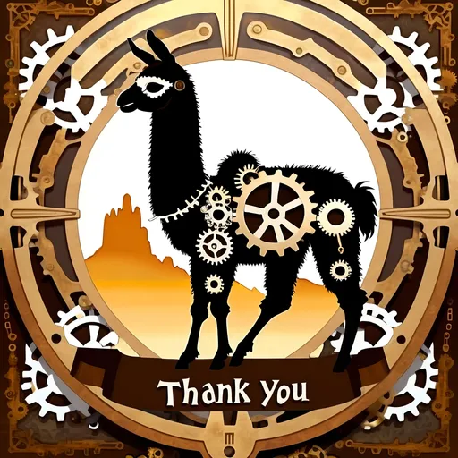 Prompt: (accurately spelled text "Thank You"), steampunk-inspired llama, intricate mechanical details, gears and cogs incorporated into the design, warm color scheme with rich browns and glowing golds, artistic brush strokes, whimsical yet sophisticated atmosphere, enchanting background with a hint of natural landscapes blending with industrial elements, captivating and ultra-detailed, oil painting style.