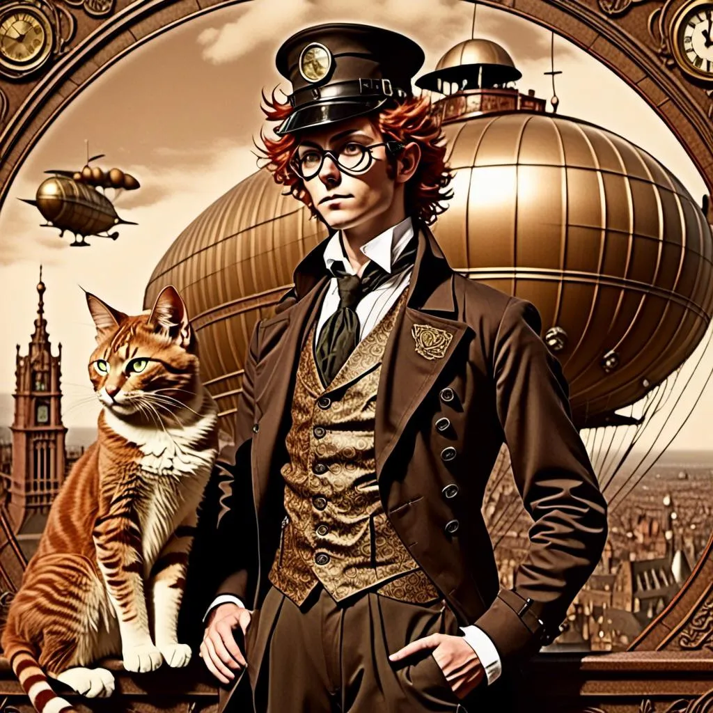 Prompt: <mymodel>high quality vintage lithograph, artstyle-steampunk, Full body view of Man with human face with goggles and cat ears, Dirigible Advertisement, matching cat ears to hair color, extremely detailed, intricate clothing, intricate, historical, detailed hair, detailed Blimp in background,  detailed eyes, atmospheric lighting, vintage sepia tones