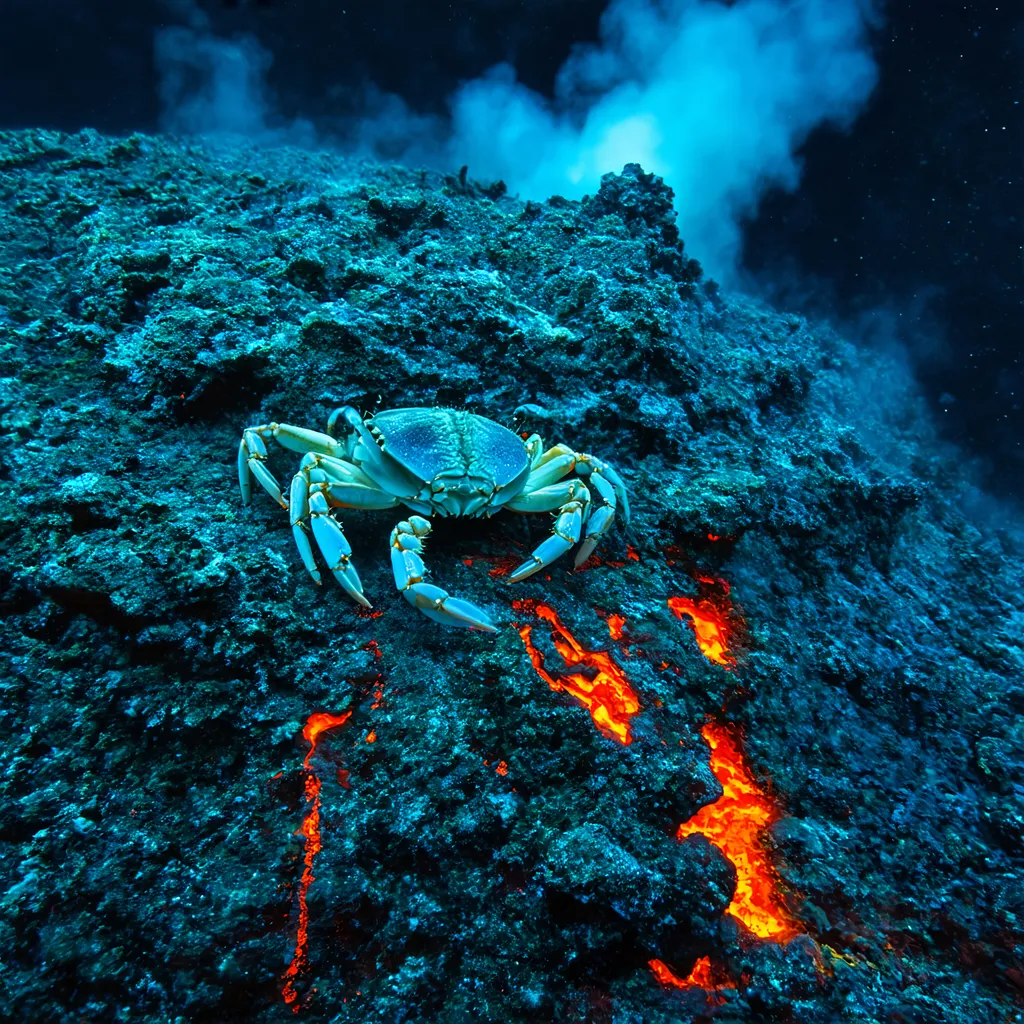 Prompt: Deepsea Fumaroles, pale crabs, and lava flow

