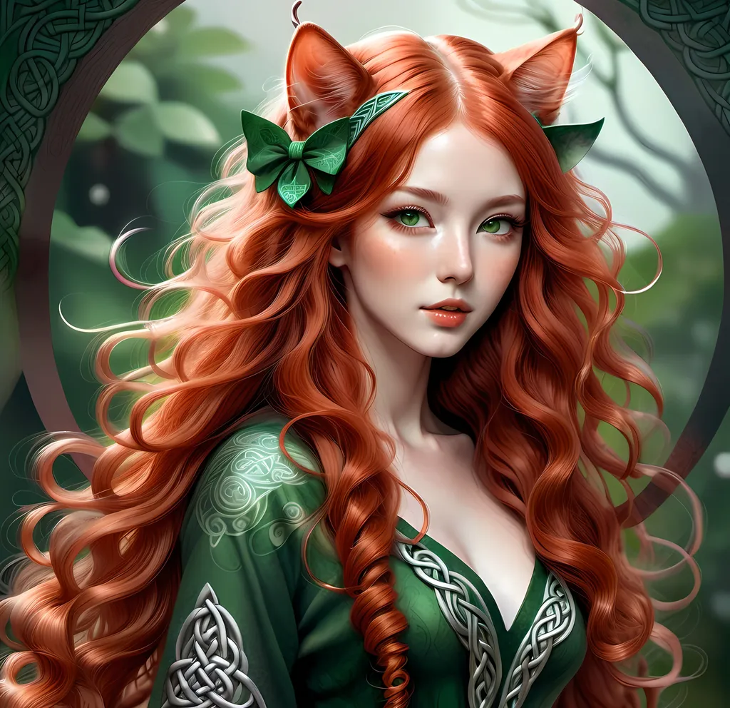 Prompt: Japanese ink illustration of a Celtic woman with cat ears and tail, long red curly hair, detailed green eyes, detailed skin texture, full body view, delicate, diffused lighting, beautiful, artistic, detailed, fantasy style Celtic background, long hair, detailed eyes, full-body, elegant, ethereal, soft lighting