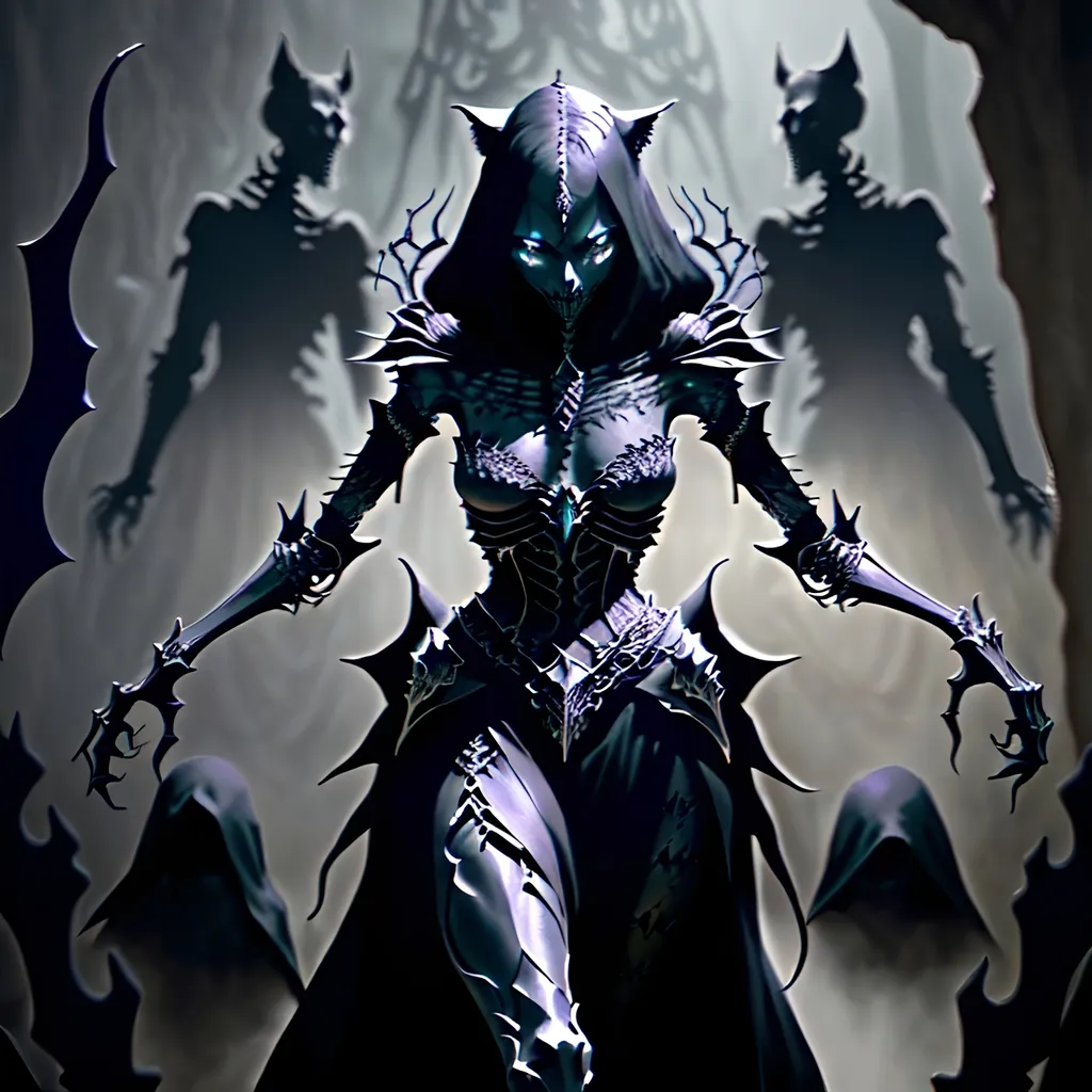 Prompt: skeletal bone Queen, dark color scheme, (fantasy RPG style), mysterious atmosphere, eerie background, intricate detailed armor, feline features woven into the design, dynamic pose, shadows and highlights emphasizing depth, high-adrenaline scene, (4K), ultra-detailed, magical aura surrounding the character, enchanting yet ominous vignette, dramatic composition.