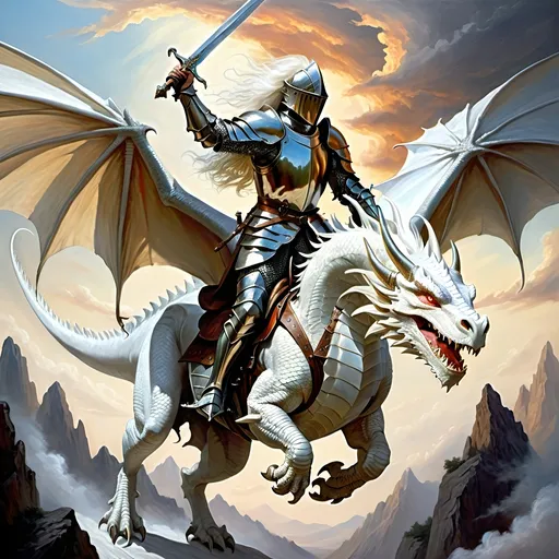 Prompt: Dragon rider Chivalric Knight in realistic oil painting, flying through the sky, majestic white dragon with vibrant white scales and fur, white ethereal wings, flowing white hair, fierce expression, mythical landscapes, high fantasy, oil painting, vibrant colors, epic scale, detailed armor, stunning face, atmospheric lighting, professional, highres, fantasy, oil painting, dragon rider, Chivalric Knight , flying, majestic, Dragon's face is bearded, ethereal, fierce expression, pale colors, high fantasy