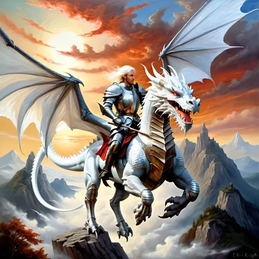 Prompt: Dragon rider Chivalric Knight in realistic oil painting, flying through the sky, majestic dragon with vibrant white scales, white ethereal wings, flowing white hair, fierce expression, mythical landscapes, high fantasy, oil painting, vibrant colors, epic scale, detailed armor, stunning face, atmospheric lighting, professional, highres, fantasy, oil painting, dragon rider, Chivalric Knight , flying, majestic, ethereal, fierce expression, vibrant colors, high fantasy