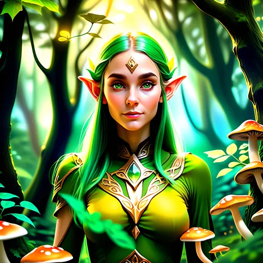 Prompt: (photorealistic style),Elf woman in lush Hyrule, vibrant warm colors, enchanting atmosphere, sunlight filtering through dense foliage, soft glowing mushrooms, serene winding path, magical fauna, mystical creatures peeking from behind trees, deep green foliage with golden highlights, ultra-detailed, immersive landscape, tranquil ambiance, adventurous spirit, ideal for storytelling backgrounds.