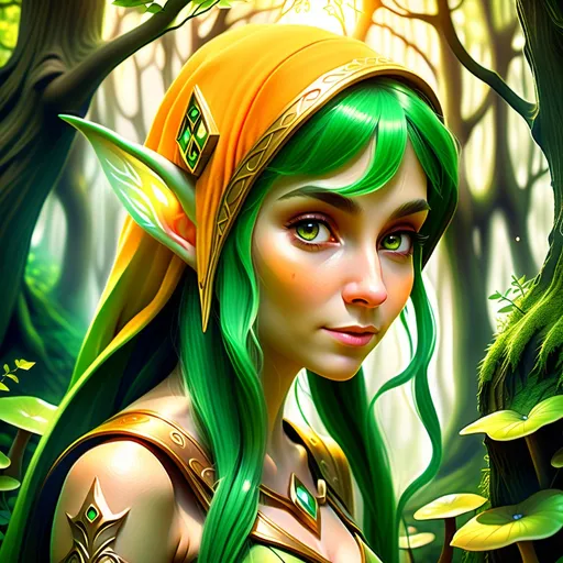 Prompt: (photorealistic style),Elf woman in lush Hyrule, vibrant warm colors, enchanting atmosphere, sunlight filtering through dense foliage, soft glowing mushrooms, serene winding path, magical fauna, mystical creatures peeking from behind trees, deep green foliage with golden highlights, ultra-detailed, immersive landscape, tranquil ambiance, adventurous spirit, ideal for storytelling backgrounds.