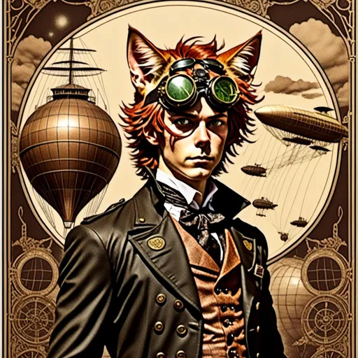 Prompt: <mymodel>high quality vintage lithograph, artstyle-steampunk, Full body view of Man with human face with goggles and cat ears, Dirigible Advertisement, matching cat ears to hair color, extremely detailed, intricate clothing, intricate, historical, detailed hair, detailed Blimp in background,  detailed eyes, atmospheric lighting, vintage sepia tones