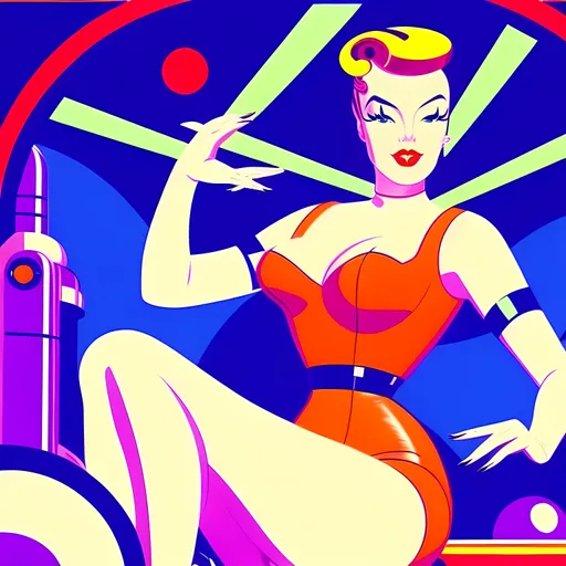 Prompt: futuristic-retro futurism style, (1940s pin-up women), vibrant warm color scheme, soft luminous lighting, nostalgic ambiance, elegant poses with playful expressions, vintage accessories, stylish hairdos, dreamy background blending futuristic elements with retro design, high detail and sharp focus, cinematic depth, the celebration of beauty throughout eras.