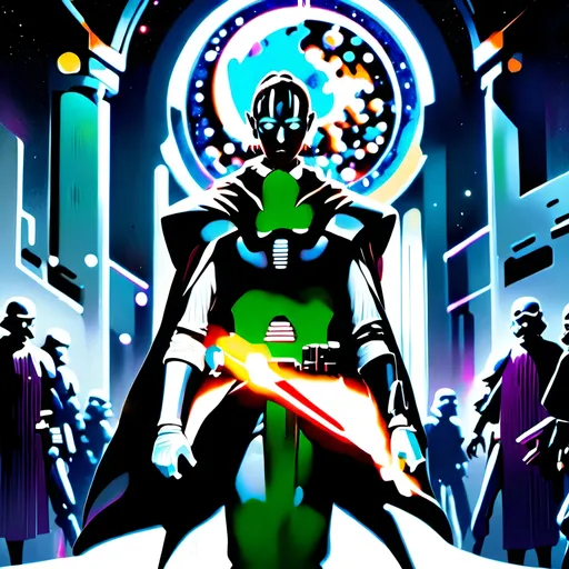 Prompt: anime style, (dark color scheme), outlaw characters from Star Wars, unique poses, rebellious vibes, high-contrast shadows, moody atmosphere, intricate details in character design, dynamic expressions, depth in lighting, (vibrant highlights), ultra-detailed artwork, dramatic ambiance, sci-fi elements, thematic background reflecting a galactic setting.