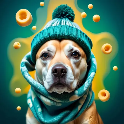 Prompt: (surrealism style) Dog composed of cheese, (wearing a winter hat and a beanscarf), whimsical and playful, cool color scheme, soft blues and greens, dreamlike atmosphere, abstract background of melting shapes, ethereal lighting, intriguing contrasts, imaginative representation, (highly detailed) textures of cheese, emotional warmth and charm, (4K, ultra-detailed).