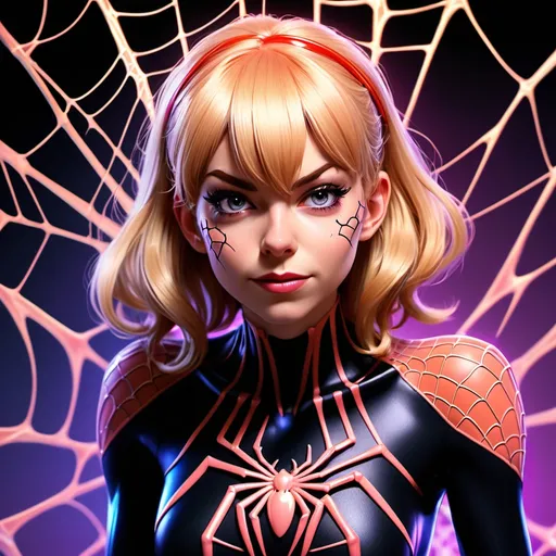 Prompt: Anime style, Gwendolyne Maxine "Gwen" Stacy full body, Anthropomorphic spider, best quality, expressive eyes, glowing, luminous, perfect face, 1 woman, spider transformation, bare breasted, fuzzy red  hair, short hair all over) , spider web,